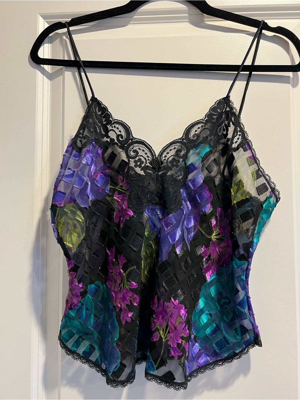 Vintage Floral Sheer Lace Cami Y2K Mesh Fairycore Tank Top M